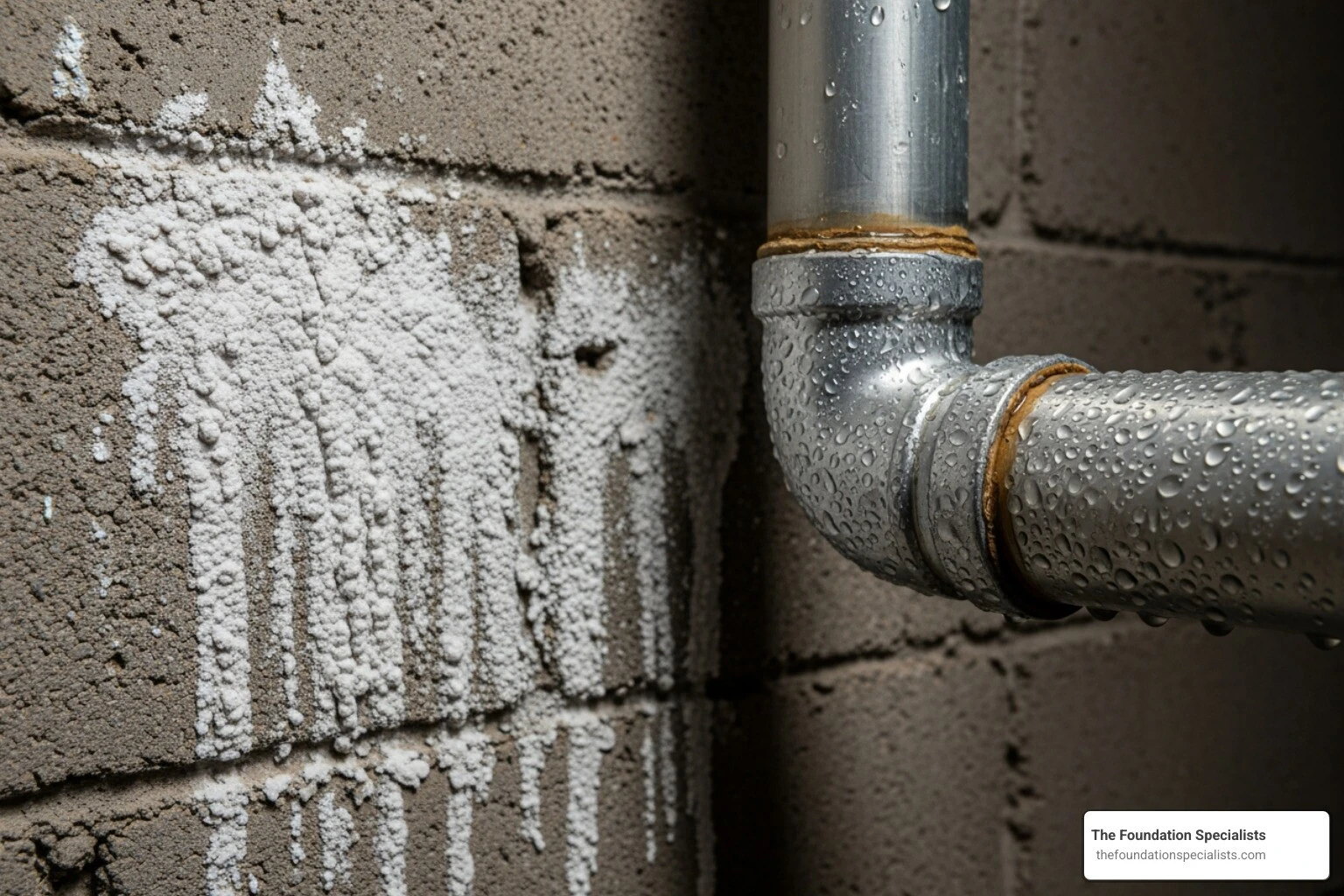 common basement moisture signs like efflorescence on a concrete wall and condensation on a pipe - basement making house smell musty
