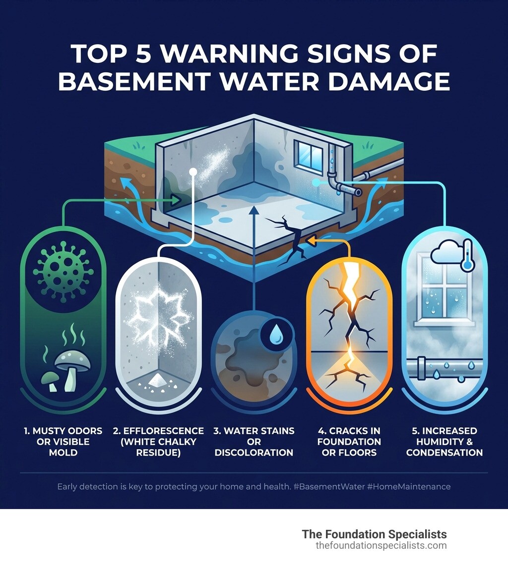 Infographic showing the top 5 warning signs of basement water damage: 1. Musty odors or visible mold on walls and surfaces, 2. Efflorescence - white chalky residue on concrete walls, 3. Water stains or discoloration on walls and floors, 4. Cracks in foundation walls or basement floors, 5. Increased humidity levels and condensation on windows or pipes - basement water issues infographic 