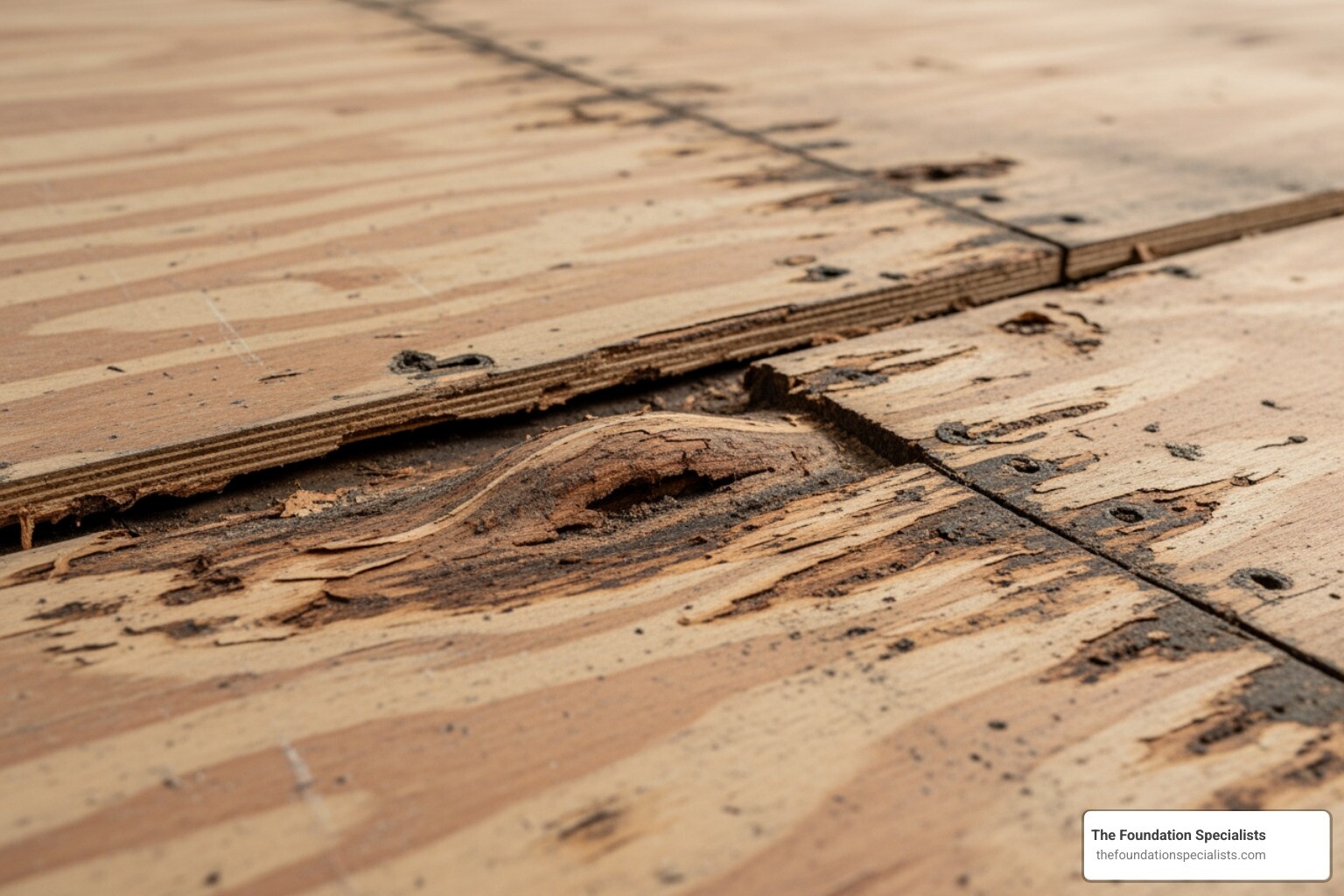 water damaged wood subfloor with visible rot - floor feels spongy when walking