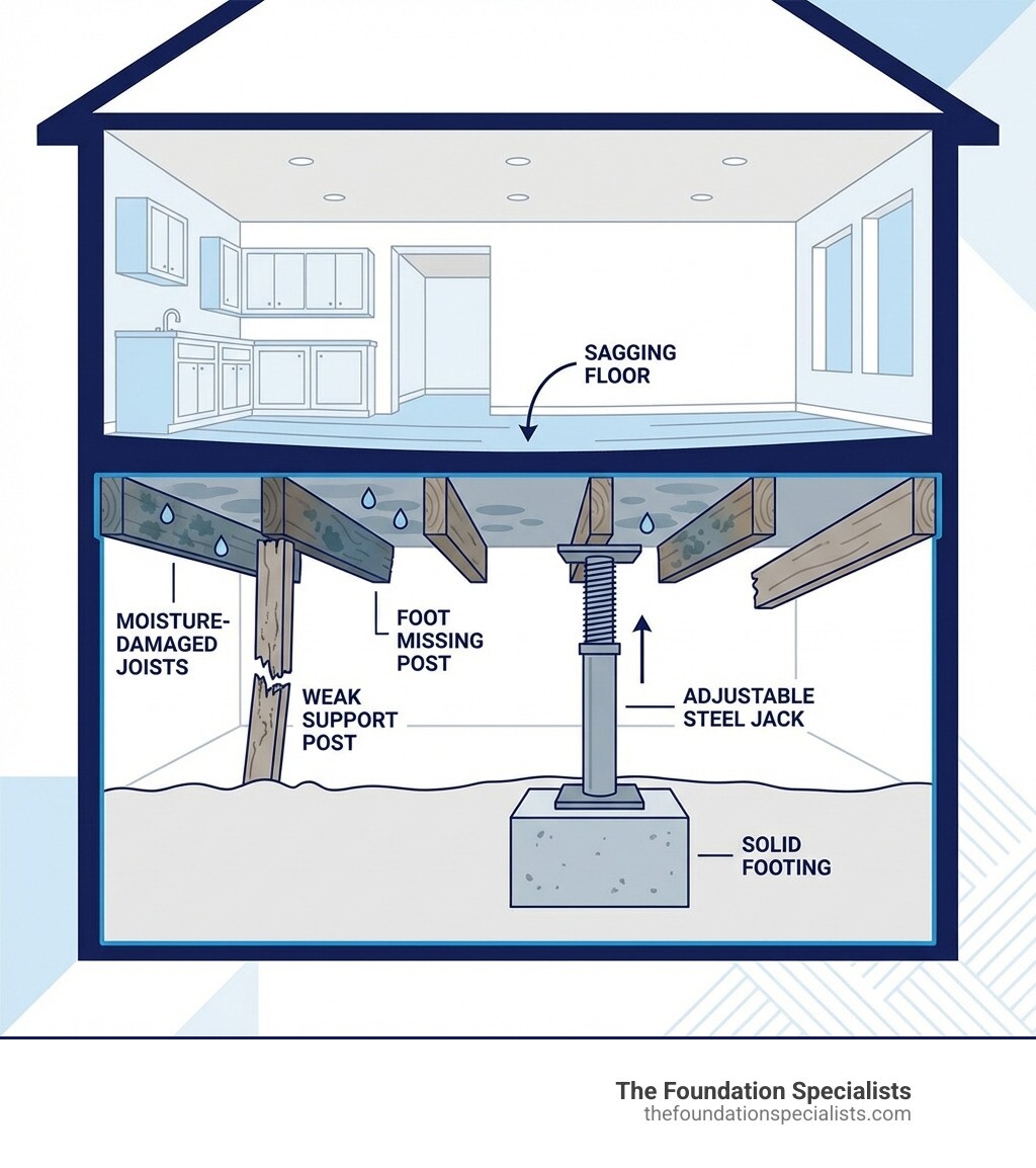 Infographic showing cross-section of a house with sagging floor above crawl space, highlighting weak or missing support posts, moisture-damaged joists, and proper placement for adjustable steel support jacks with solid footings - how to fix sagging floor in crawl space infographic 