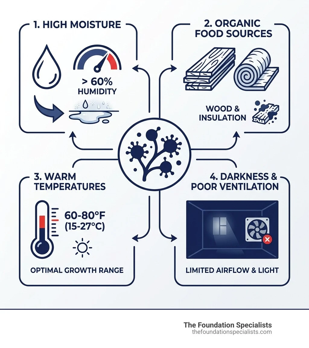 Infographic showing the four conditions required for mold growth in crawl spaces: moisture levels above 60% humidity, organic food sources like wood and insulation, warm temperatures between 60-80°F, and darkness with poor ventilation - best mold remover for crawl spaces infographic 