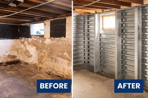 before and after of a failing wall repair. Everbrace