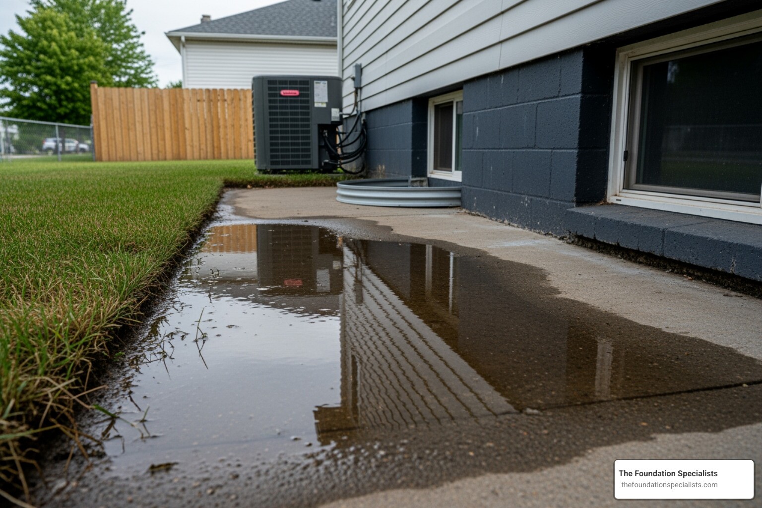 water pooling on a sunken patio next to a house foundation - Repair sunken concrete