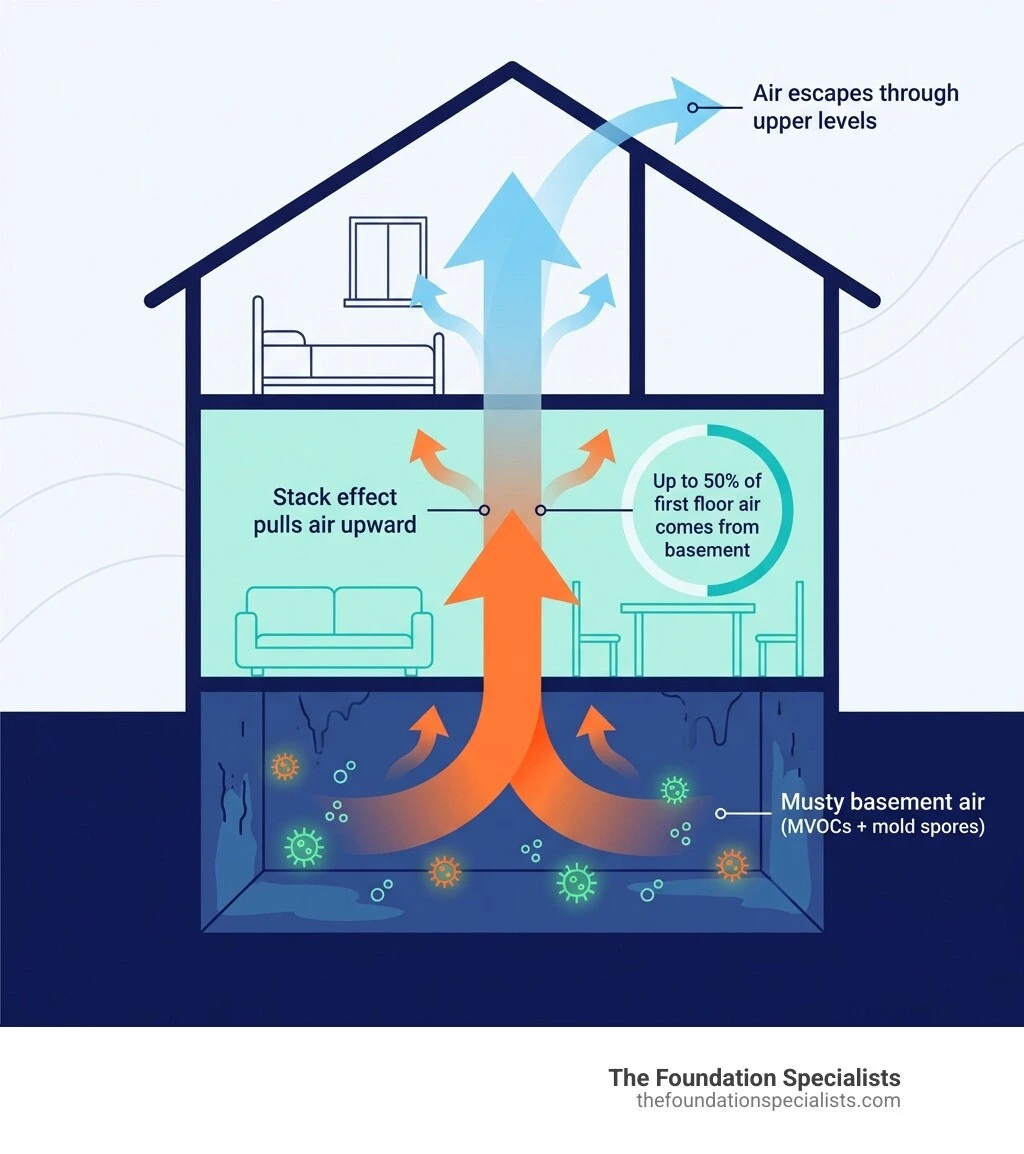Infographic showing the stack effect in a home: arrows indicating air rising from a damp basement with mold spores through the first floor and upper levels, with labels for "Musty basement air (MVOCs + mold spores)", "Stack effect pulls air upward", "Up to 50% of first floor air comes from basement", and "Air escapes through upper levels" - basement making house smell musty infographic Infographic showing the stack effect in a home: arrows indicating air rising from a damp basement with mold spores through the first floor and upper levels, with labels for "Musty basement air (MVOCs + mold spores)", "Stack effect pulls air upward", "Up to 50% of first floor air comes from basement", and "Air escapes through upper levels" - basement making house smell musty infographic