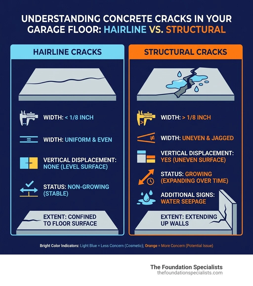 Infographic showing the difference between hairline cracks (less than 1/8 inch, uniform width, no vertical displacement, non-growing) and structural cracks (greater than 1/8 inch, uneven width, vertical displacement, growing, water seepage, extending up walls) - hairline cracks in garage floor infographic Infographic showing the difference between hairline cracks (less than 1/8 inch, uniform width, no vertical displacement, non-growing) and structural cracks (greater than 1/8 inch, uneven width, vertical displacement, growing, water seepage, extending up walls) - hairline cracks in garage floor infographic