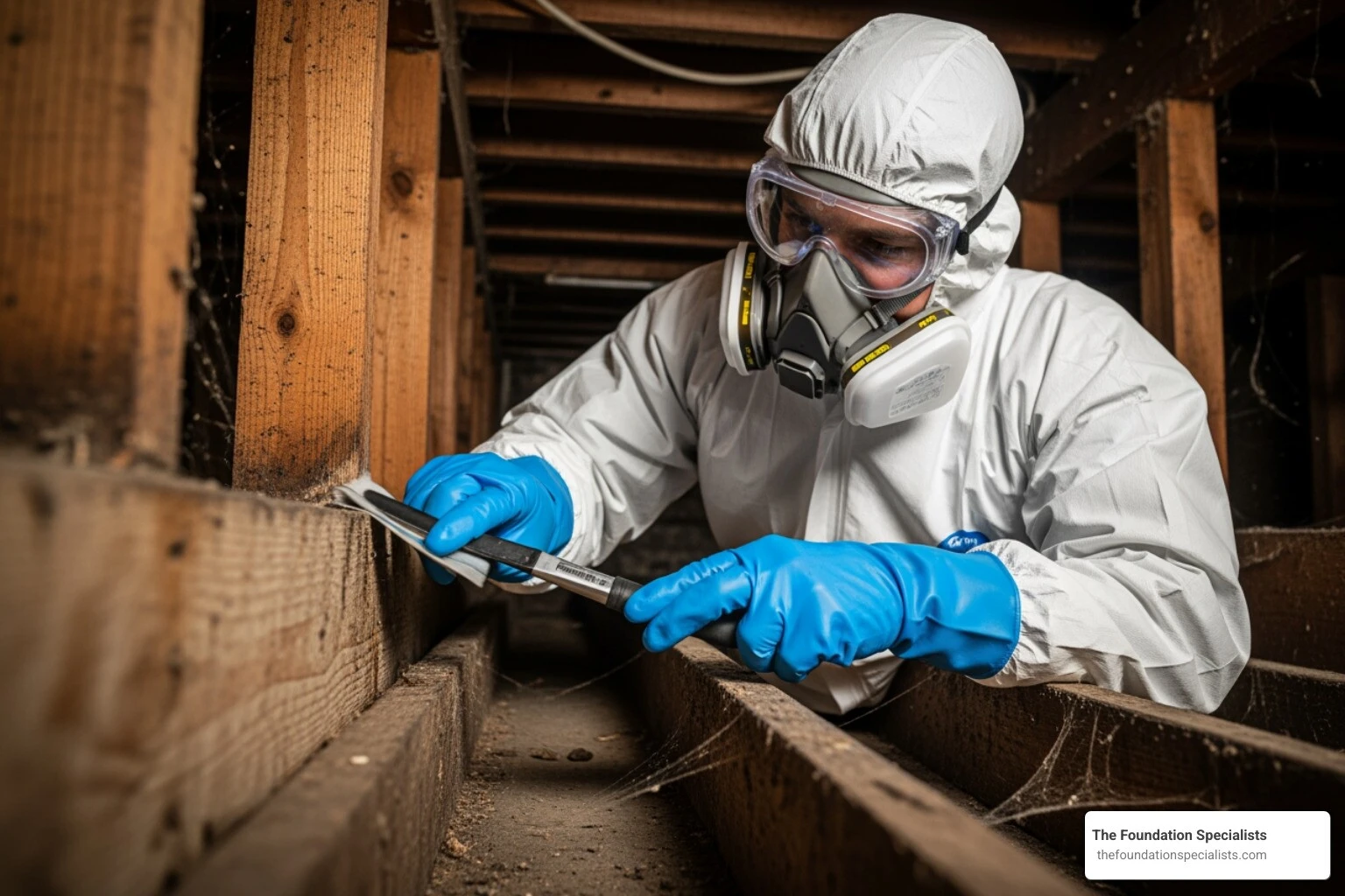 Person in full PPE cleaning mold - best mold remover for crawl spaces Person in full PPE cleaning mold - best mold remover for crawl spaces
