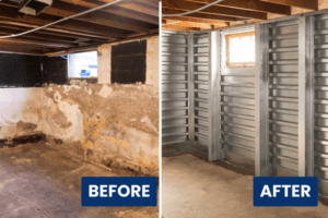 before and after of a failing wall repair. Everbrace