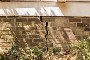 Bricks on the side of a home that are cracked vertically and separating.